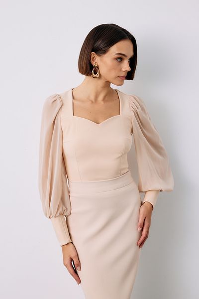 Sateen Balloon Arm Crop Blouse - BEIGE