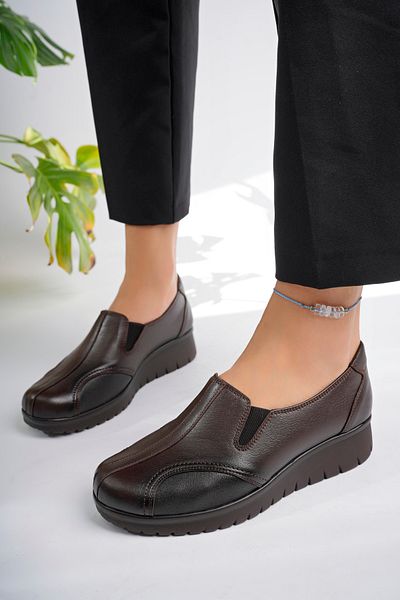 Akgün Terlik Women's Brown Genuine Leather Anatomical Sole Shoes Special for Bone Protrusion