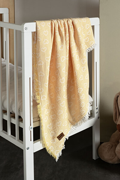 Kanz بطانية موسلين للأطفال باللون الأصفر - طبقتين بتصميم قلب جاكار