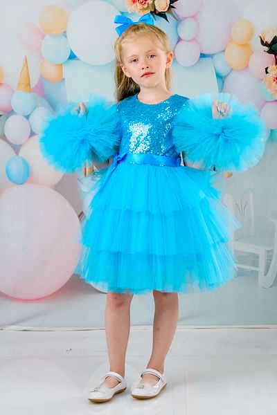 DAFİTO KİDS Rochie de seara pentru fete albastru turcoaz - rochie de zi de nastere cu maneci cu pompon