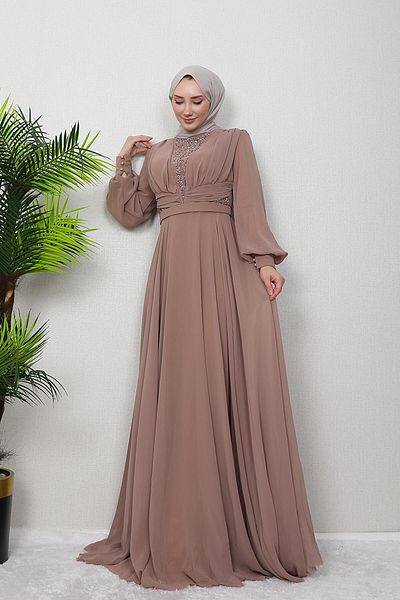 GİZ AGİYİM Βραδινό φόρεμα Pelin Chiffon Stone Sütlükkahve