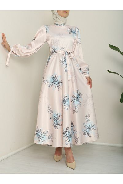 Modamorfo Silk Satin Dress - Blue with Tie-Up Sleeves and Lining