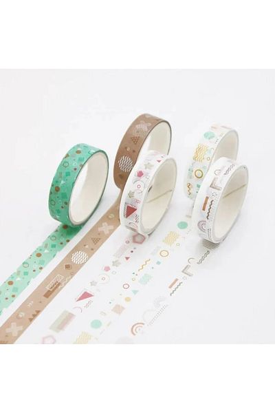 Limmy Vintage Washi Tape με μοτίβο γεωμετρίας - 5 τμχ χαριτωμένο χαρτί, τυπωμένη και αυτοκόλλητη ταινία κάλυψης