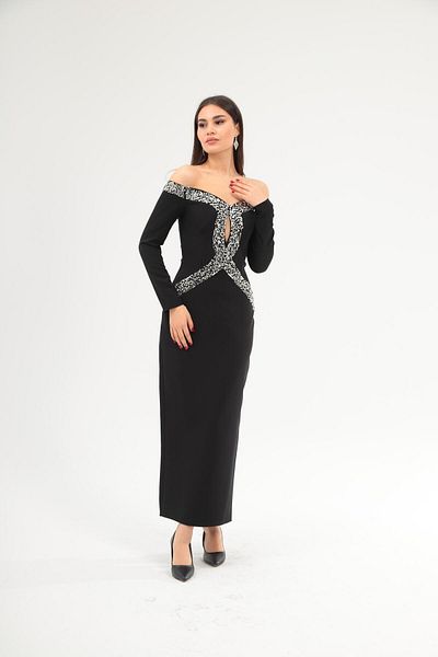 Aperla Heart Neck Low Shoulder Long Sleeve with Window Detail Embroidered Evening Dress