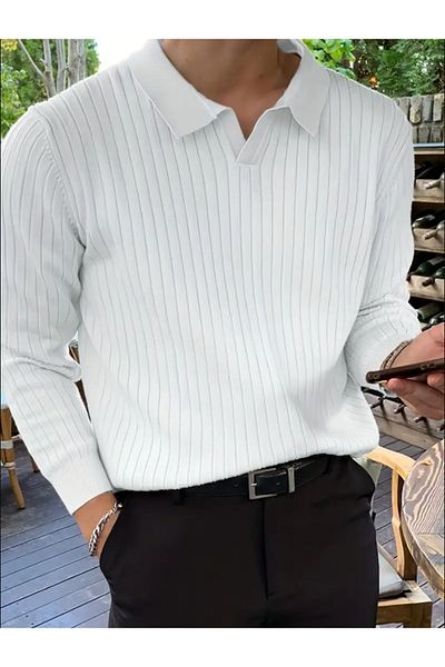 Tarz Cool Men's Polo Collar Ribbed White Knitwear Sweater