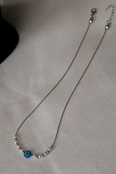 EUROMODA Pearl Beaded Silver Color Necklace with Evil Eye Design