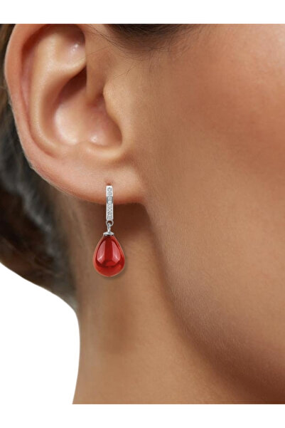 bymissmücevherat Şık Ve Zarif 925 Ayar Tamtur Kırmızı Mercan Taşlı Gümüş Küpe