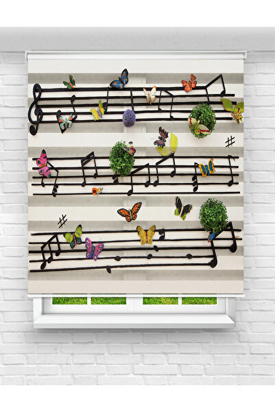 Mas Müzik Notaları, Yeşil Doğa ve Renkli Kelebekler Desenli Baskılı Zebra Perde