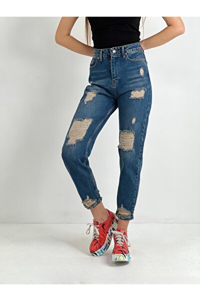 Miss Poem Blugi pentru femei, rupti, cu picioare largi, talie înaltă Mom Blue Jeans