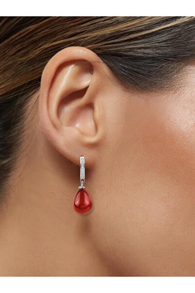 bymissmücevherat Şık Ve Zarif 925 Ayar Tamtur Kırmızı Mercan Taşlı Gümüş Küpe