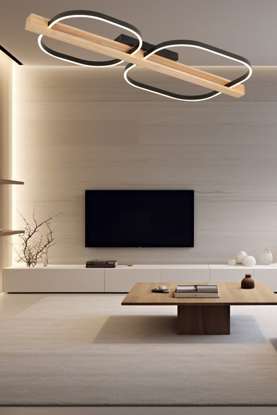 Apliqa Asrın Siyah 2'li Kare 100 Watt Plafonyer Ahşap Desenli Modern Salon Led Avize