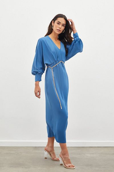 Sateen Satin Dress with Chain Belt - Indigo