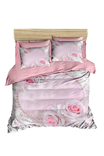 Fabeteks Rose White Embroidered 3D Digital Double Duvet Cover Pillow Set