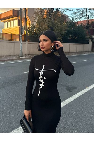 Moda Asmira   Women's Long Sleeve Turtleneck Print Detailed Viscose Full Length Dress