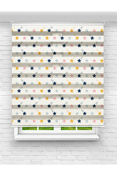 Mas Çocuk Odası İçin Renkli Yıldızlar Desenli Baskılı Zebra Perde