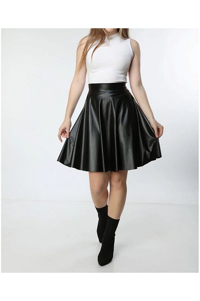 Lion Collection Black Faux Leather Flared Skirt