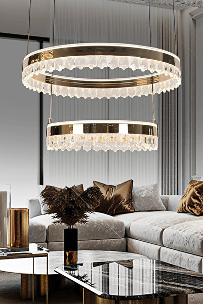 Apliqa Canel Gold İki Katlı 152 Watt Kristal Taşlı Modern Led Sarkıt Avize
