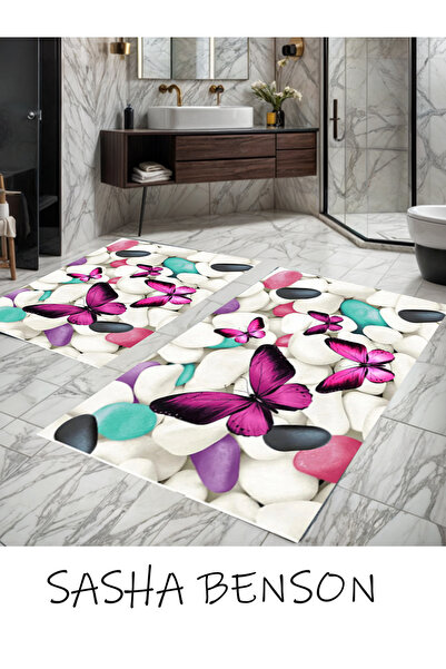 Lavender Dijital 2 Lı Set Klozet Takımı Banyo Paspas Seti Halısı Yıkanabilir