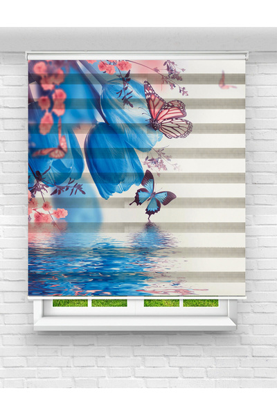Mas Mavi Kelebekler ve Çiçekler Baskılı Zebra Perde | Çocuk Odası