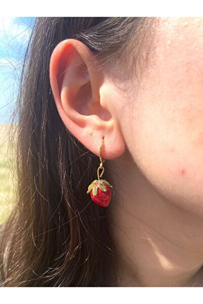 SINE ACCESSORY Kırmızı Cam Çilek Küpe