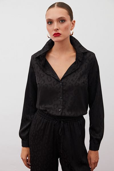 Sateen Cămașă din satin cu model - NEGRU