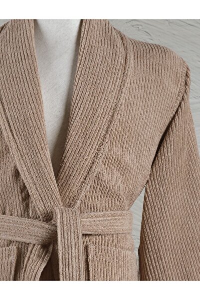 Ellaline Ριγέ μπουρνούζι 100% βαμβακερό πιστοποιημένο γιακά σάλι Unisex καφέ χρώμα