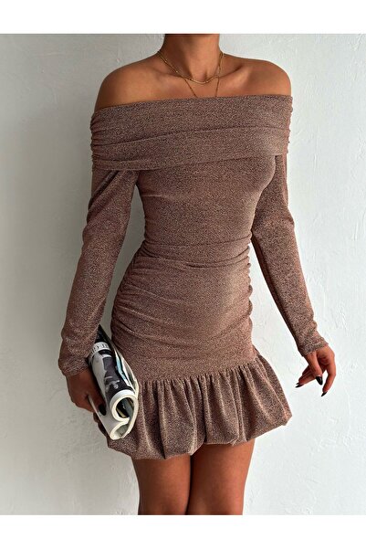 aytenli Madonna Collar Skirt Bottom Side Balloon Sides Back Drawstring Detail Long Sleeve Silvery Fabric Stretchy Mini Dress