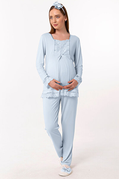 ByLohusa Effortt Mavi Sabahlıklı Hamile Lohusa Pijama Takımı