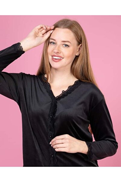 GOOD NİGHT Front Button Velvet Pajama Set