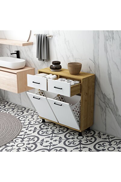 Home Mobiga Molde Çamaşır Sepetli Çekmeceli Banyo Dolabı Safirmeşe -beyaz
