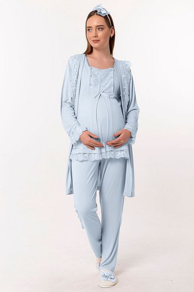ByLohusa Set de pijamale de maternitate pentru gravide Effortt Blue Peignoir