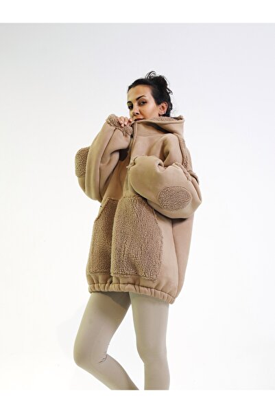 OCTO Handcraft Dışı Süet İçi Teddy Peluş Kapüşonlu Oversize Kanguru Sweat Mont