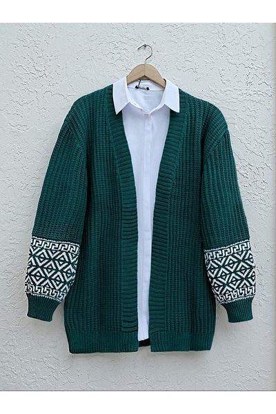Modamorfo Kardigan z dzianiny z wzorzystymi rękawami - Emerald