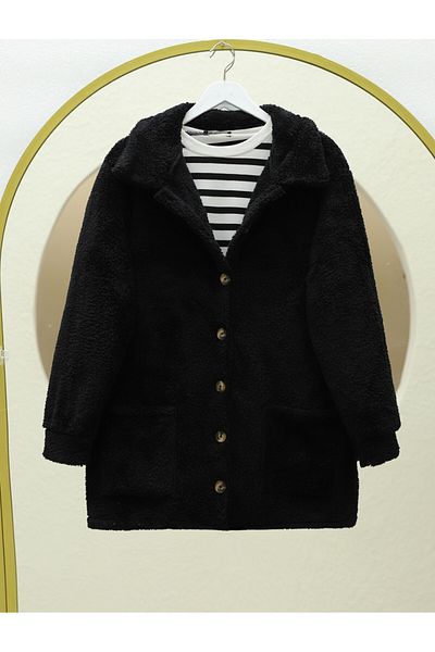 Modamorfo Plüschjacke mit Knopftaschen – Schwarz