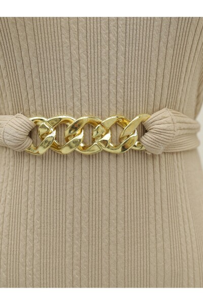 Modamorfo Belted Mock Neck Stretch Fabric long dress -beige