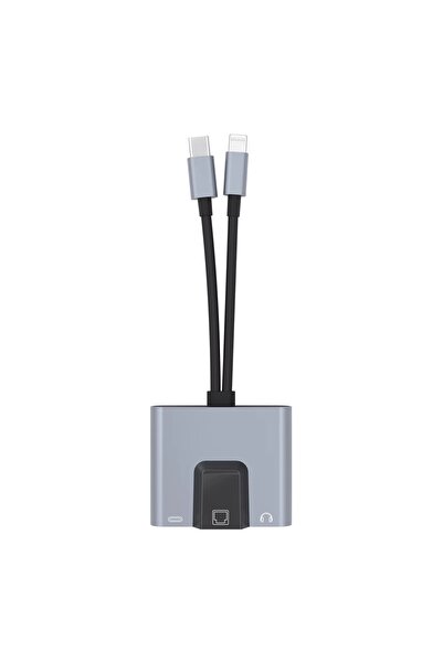 Foxyn FXN-31LT Type C Lightning to Ethernet 3.5 mm Ses Arayüzü Hızlı Şarj Çevirici Hub Adaptör Çevirici