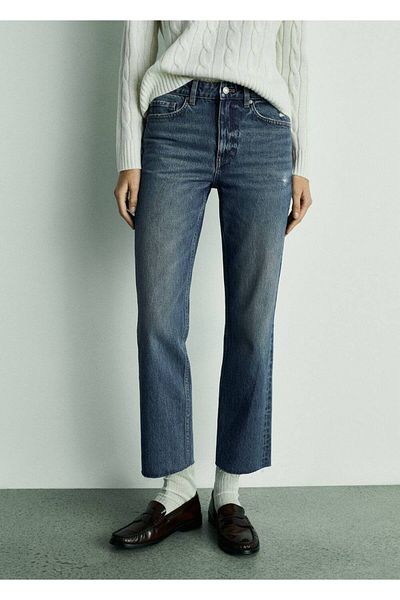 MANGO Woman Blugi crop albi cu tăietură dreaptă
