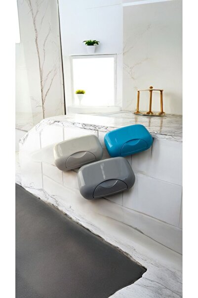 URVE Kilitli Kapaklı Sabunluk Sabun Saklama Kutusu Gri Krem Mavi Renkli 3lü