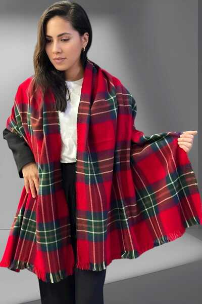 Uniquetrenders Kadın Kırmızı Ekose Desenli Omuz Şalı Atkı ( 70cm x 180cm )