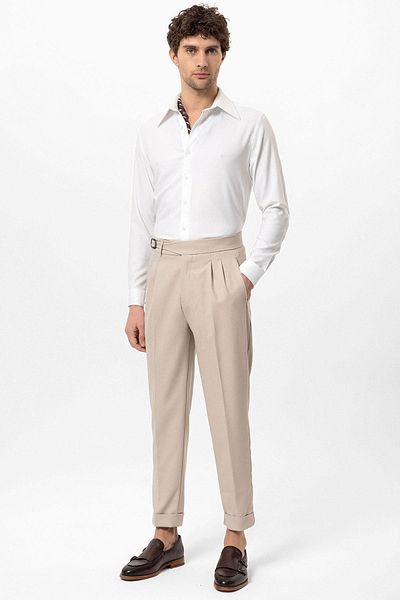 Antioch Stone High Waist Pleated Buckle Detailed Men's Pants