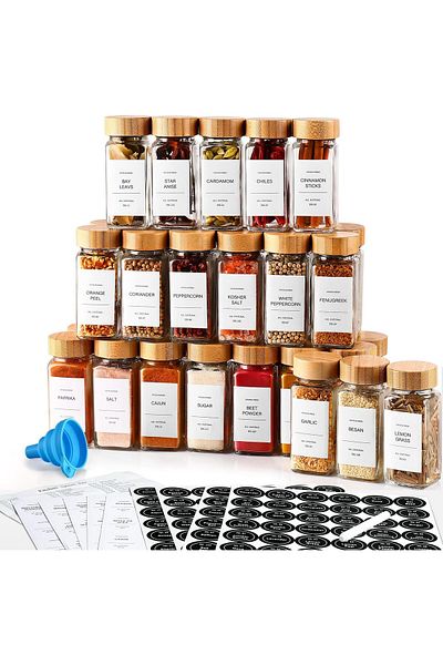 ARVALE 12 Pcs Glass Spice Rack with Bamboo Lids Salt Shaker Pepper Shakers - Brush, Pen, Funnel and Label Gift