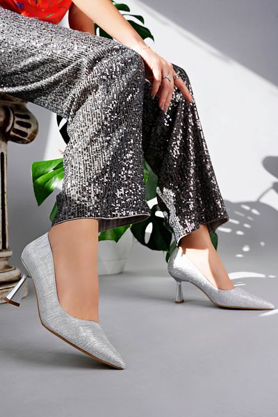 MARSHETTA Rochie de seară strălucitoare argintie pentru femei Starlight Model Pantofi cu toc stiletto cu vârf ascuțit