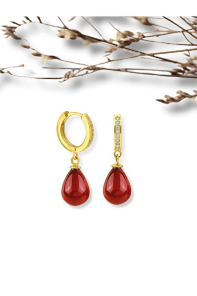 bymissmücevherat Şık ve Zarif Gold Renk 925 Ayar Tamtur Kırmızı Mercan Taşlı Gümüş Küpe