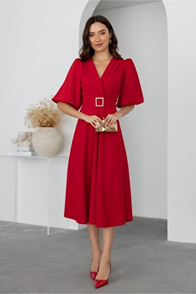 GDS BUTİK Balloon Sleeve Buckle Midi Length Dress