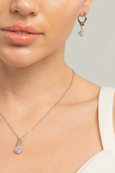 Lina Tia Kadın Yuvarlak Topcuk Model Zirkon Taşlı Çelik Gümüş Kaplama Su Yolu...