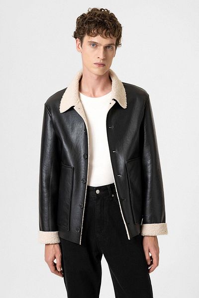 Antioch Black/ecru Lining Detailed Faux Leather Men's Coat