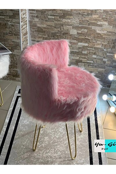 Morfoni Peluş Makyaj Sandalyesi - Pembe Renk Peluş 4 Gold Ayaklı - 4 Ayaklı Makyaj Sandalyesi