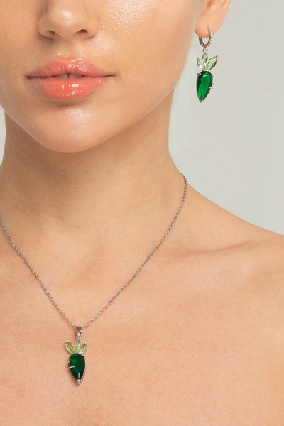 Lina Tia Kadın Zümrüt Yeşil Zirkon Taşlı Çelik Gümüş Kaplama Yaprak Figürlü M...