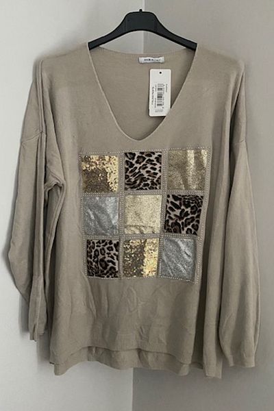AYASOFYA OTANTIK Ιταλική μπεζ μπλούζα με λαιμόκοψη V Casual Oversize Knitwear - Μακρύ μανίκι