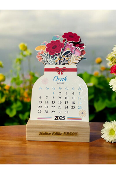 Es3Dream 2026 ahşap ayaklı çiçekli özel tasarım isme özel takvim